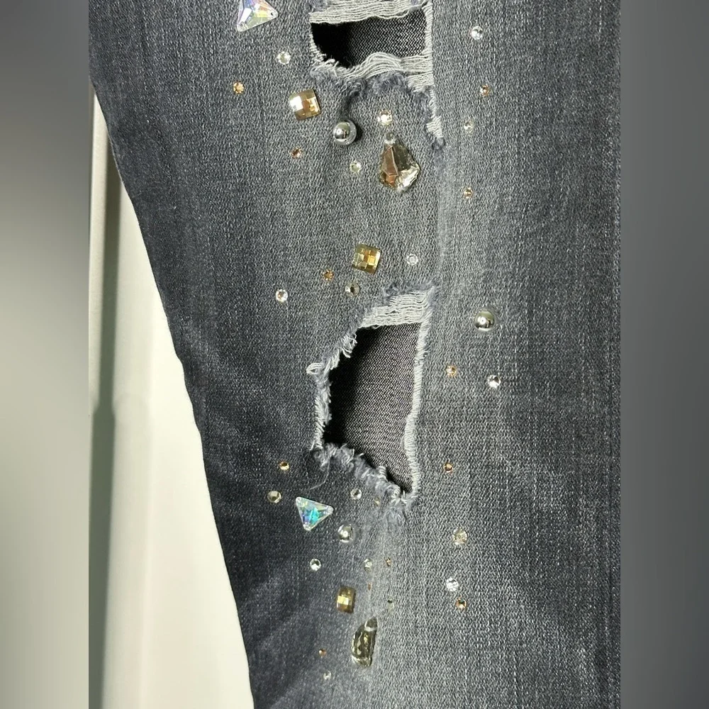 True Religion Women's Low Rise Relaxed Skinny Jeans with Rhinestones distressed